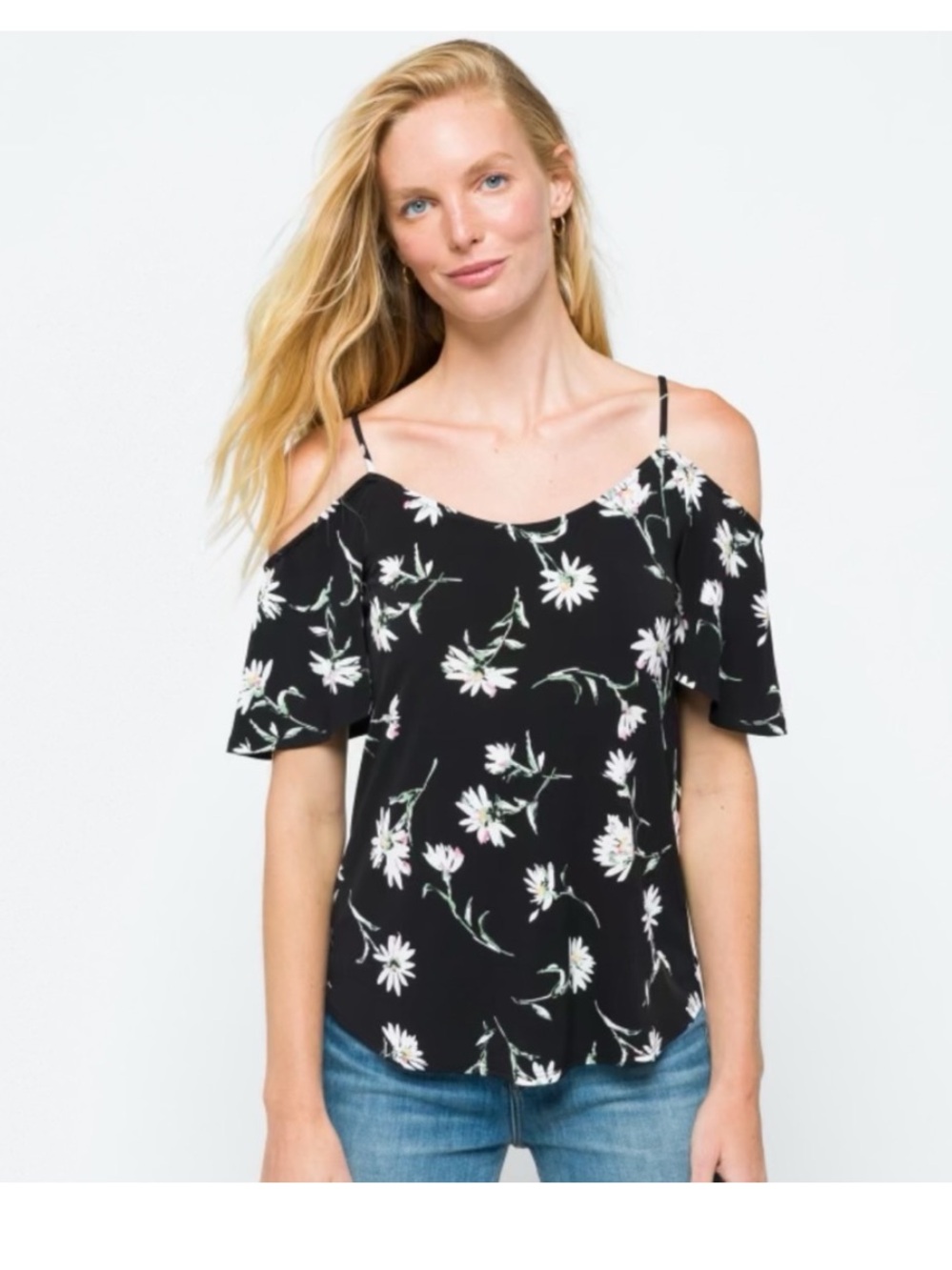 Kaileigh Black Floral Cold-Shoulder Cami with Crisscross Back